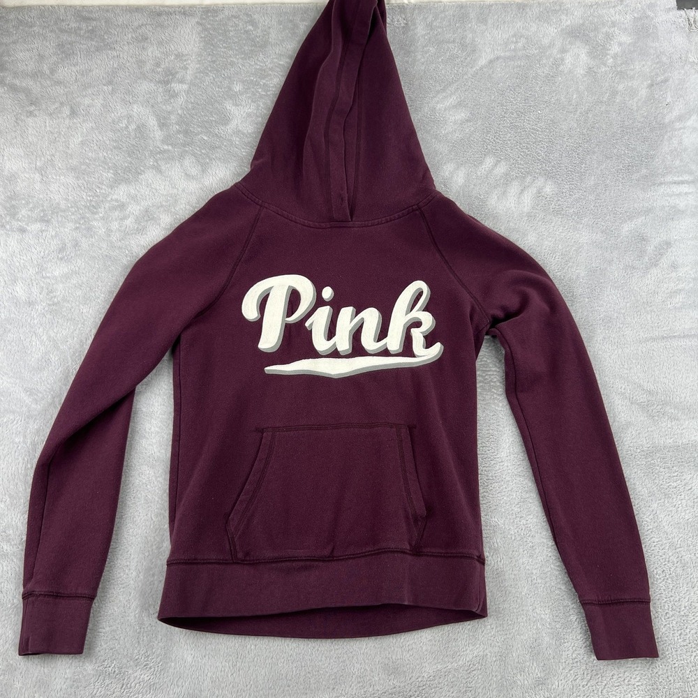 PINK Victorias Secret Raglan Pullover Hoodie M Maroon Script Logo Fleece Women